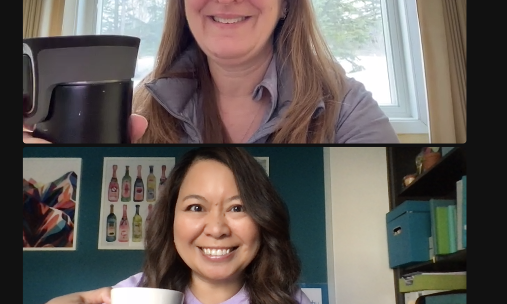 Jenn Hopkins Pepin and Marlynn Jayme Schotland holding cups of coffee on Zoom.
